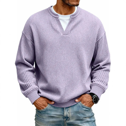 Simple Waffle-Weave V-neck SweatShirt For Men Fall Spring Two-Piece Casual Long-Sleeve T-Shirt For Daily Wear Work Outfit Streetwear
