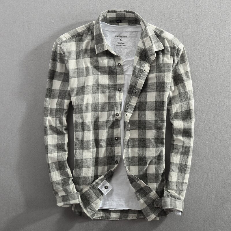 New Men's Shirt Cotton Washed Long-Sleeved Lapel Plaid Shirt Cotton Shirt Men