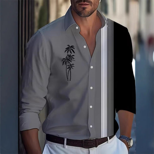 Men's Long Sleeve Shirt Palm Tree And Striped Printed Shirt Everyday Fashion Men's Casual Shirt