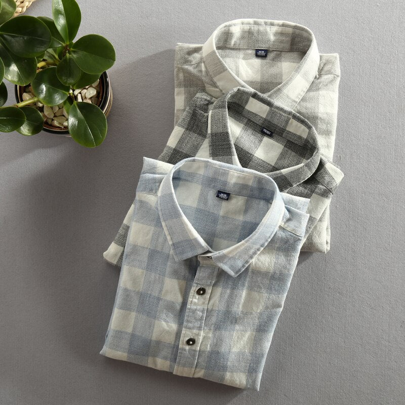 New Men's Shirt Cotton Washed Long-Sleeved Lapel Plaid Shirt Cotton Shirt Men
