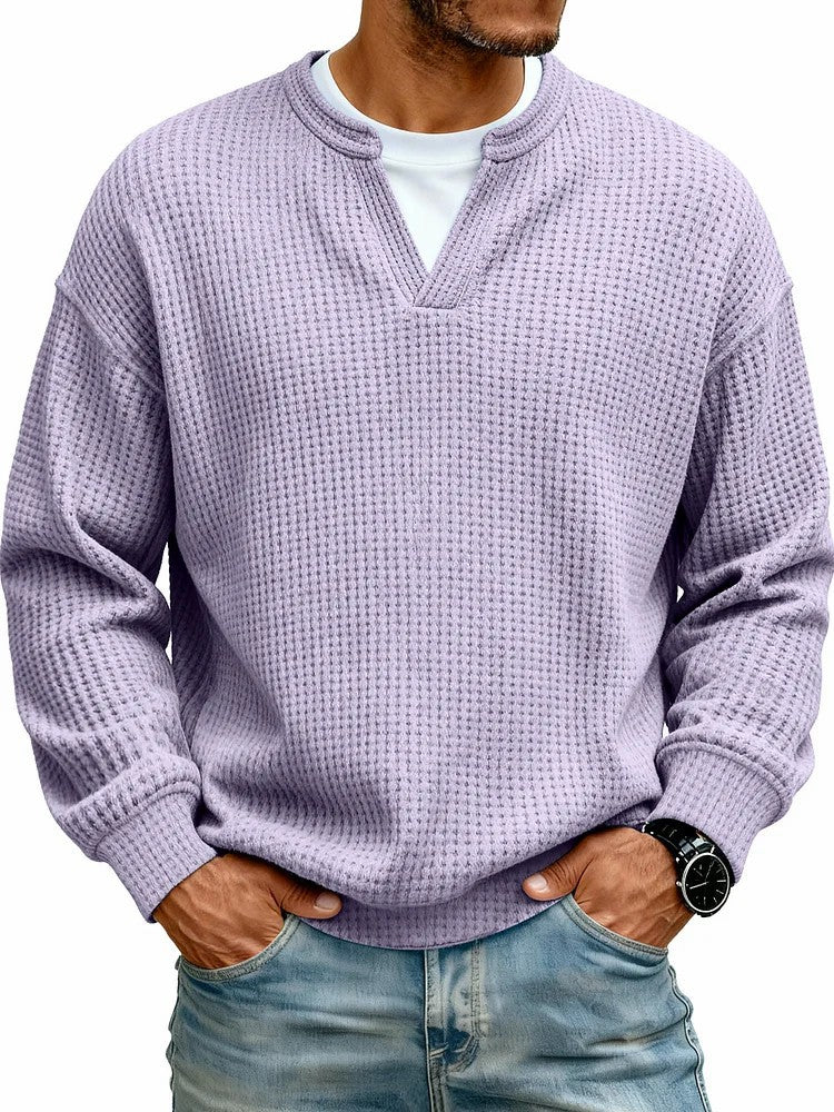 Simple Waffle-Weave V-neck SweatShirt For Men Fall Spring Two-Piece Casual Long-Sleeve T-Shirt For Daily Wear Work Outfit Streetwear