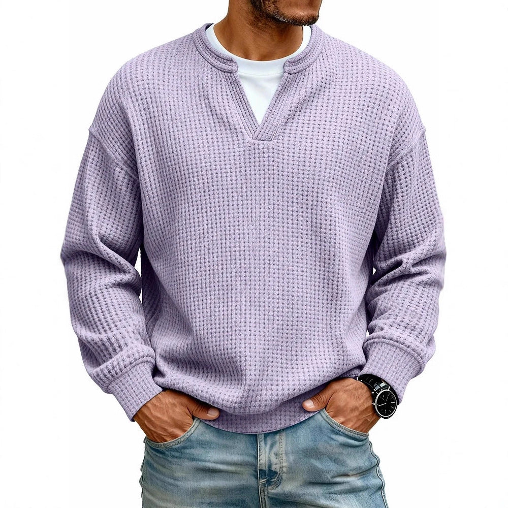 Simple Waffle-Weave V-neck SweatShirt For Men Fall Spring Two-Piece Casual Long-Sleeve T-Shirt For Daily Wear Work Outfit Streetwear