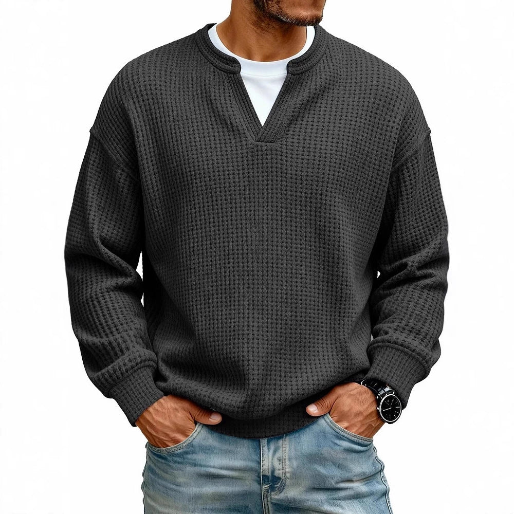Simple Waffle-Weave V-neck SweatShirt For Men Fall Spring Two-Piece Casual Long-Sleeve T-Shirt For Daily Wear Work Outfit Streetwear