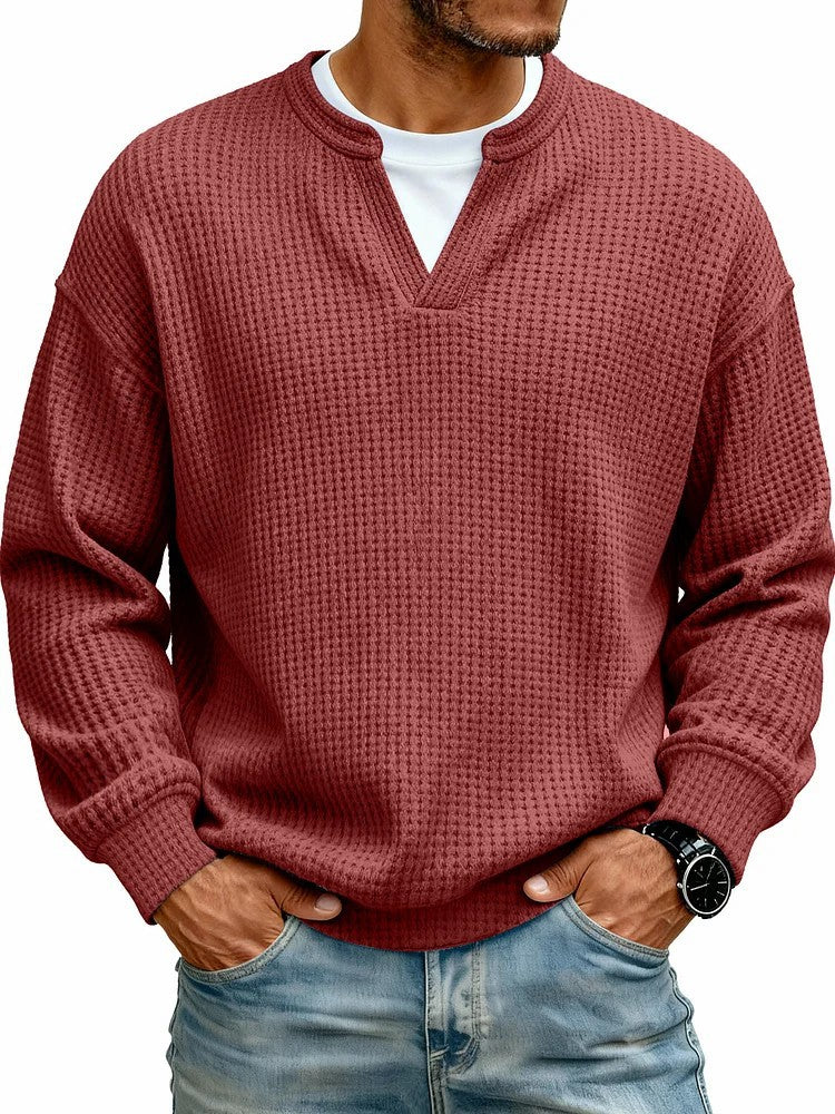 Simple Waffle-Weave V-neck SweatShirt For Men Fall Spring Two-Piece Casual Long-Sleeve T-Shirt For Daily Wear Work Outfit Streetwear