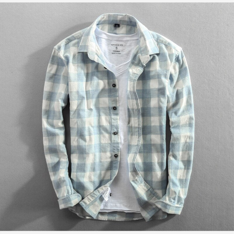 New Men's Shirt Cotton Washed Long-Sleeved Lapel Plaid Shirt Cotton Shirt Men