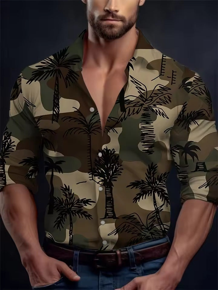 Men's Long Sleeve Shirt Palm Tree And Striped Printed Shirt Everyday Fashion Men's Casual Shirt