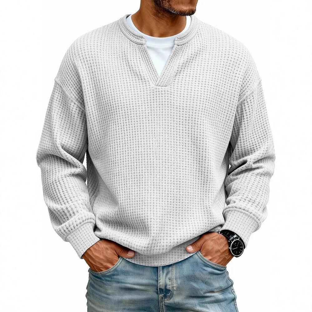 Simple Waffle-Weave V-neck SweatShirt For Men Fall Spring Two-Piece Casual Long-Sleeve T-Shirt For Daily Wear Work Outfit Streetwear