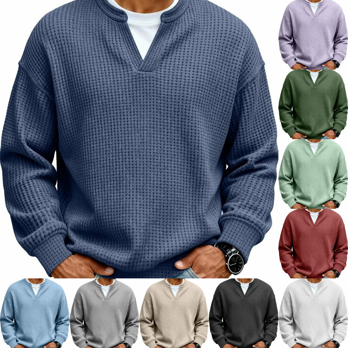 Simple Waffle-Weave V-neck SweatShirt For Men Fall Spring Two-Piece Casual Long-Sleeve T-Shirt For Daily Wear Work Outfit Streetwear