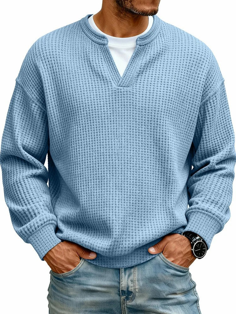 Simple Waffle-Weave V-neck SweatShirt For Men Fall Spring Two-Piece Casual Long-Sleeve T-Shirt For Daily Wear Work Outfit Streetwear