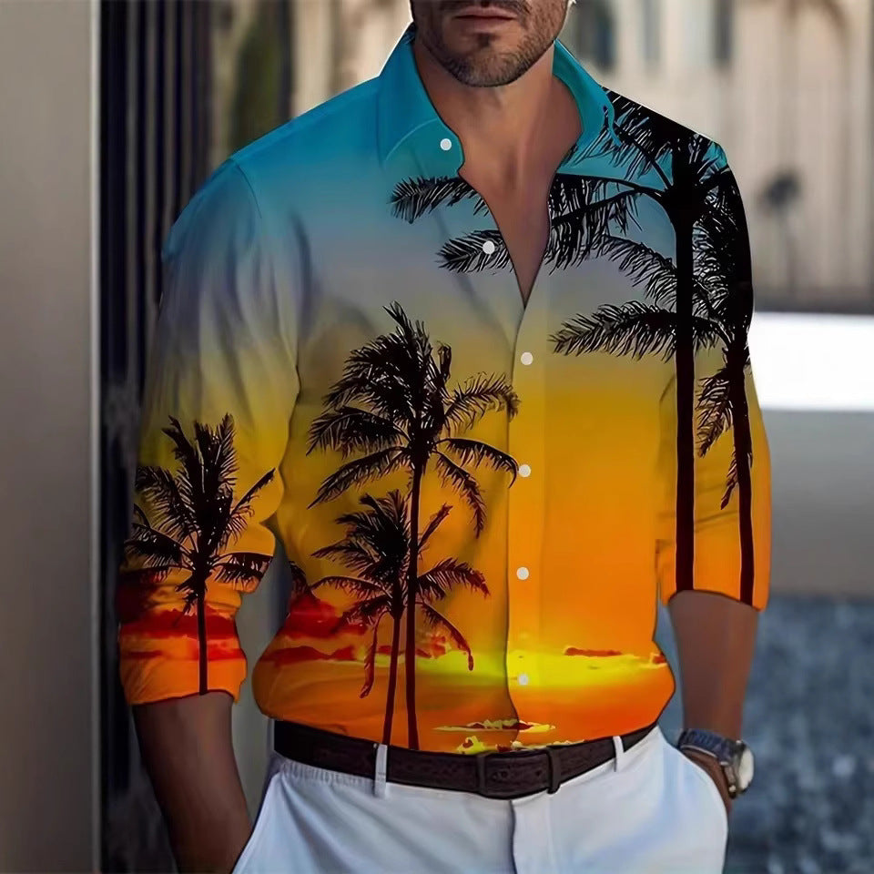Men's Long Sleeve Shirt Palm Tree And Striped Printed Shirt Everyday Fashion Men's Casual Shirt
